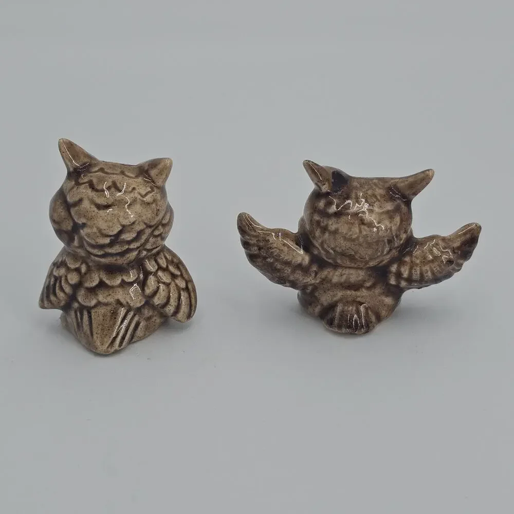 Vintage Ceramic Owl Figurines Miniature Set Collectibles Handpainted MCM 1970s